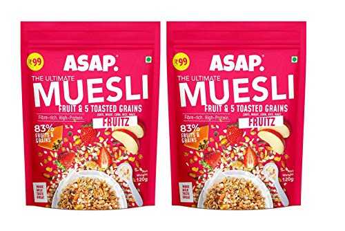 ASAP Wholegrain High Protein Breakfast Muesli with flavour of Fruitz, White Chocolate & 5 Toasted Grains | Omega-3 & Fibre Rich | 120g - Pack of 2