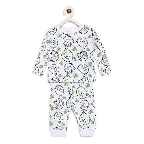 Berrytree Organic Night Suit for Baby Girl: Green cats