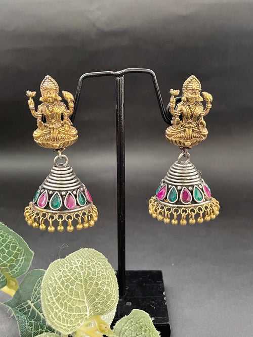 Gold & Silver Laxmi Jhumka Earrings with Red & Green Stones