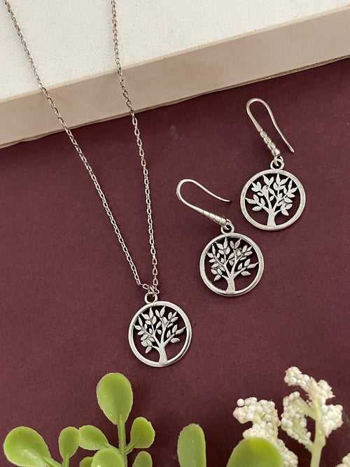 Silver Plated Tree of Life Charm Christmas Necklace Set with Earrings