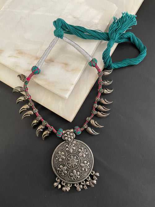Adjustable Oxidised Silver Choker Necklace With Chunky Floral Pendent in Green & Red Cord