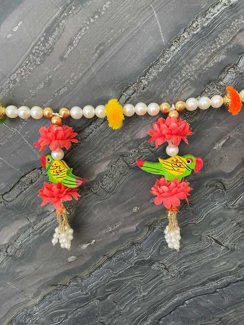 Gold & Pearl Beads With Orange flower & Parrots Toran For Door Hangings Diwali Decoration