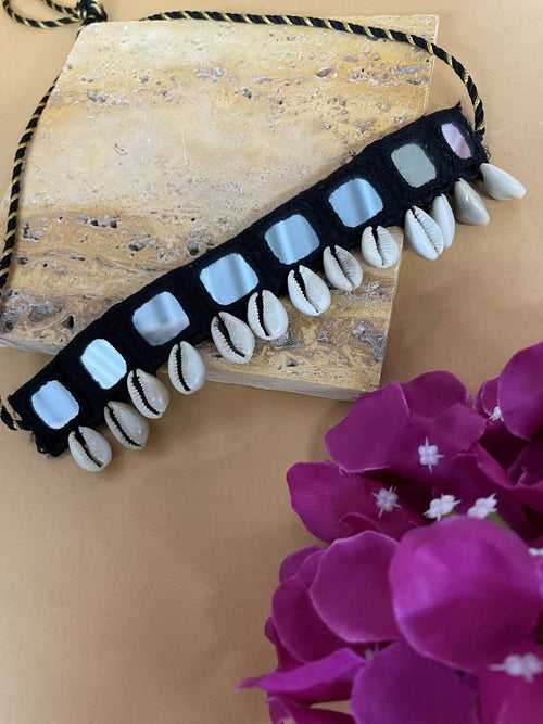 Embroidery Mirror Work Banjara Choker Necklace With Sea Shells