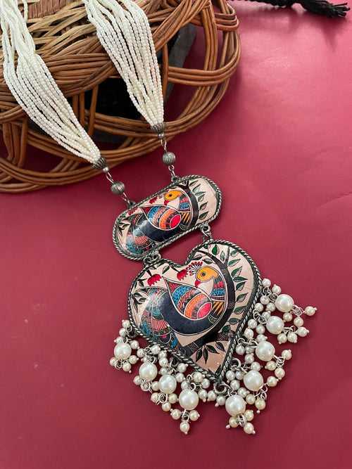 Hand-Painted Peacock Necklace with Pearls