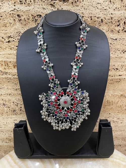 Oxidized Multi Color Long Necklace & Earring Set