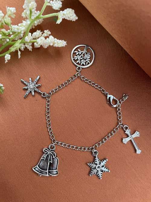 Christmas Silver Plated Bracelet with Tree of Life, SnowFlake, Jingle Bells, Stars & Cross Charm