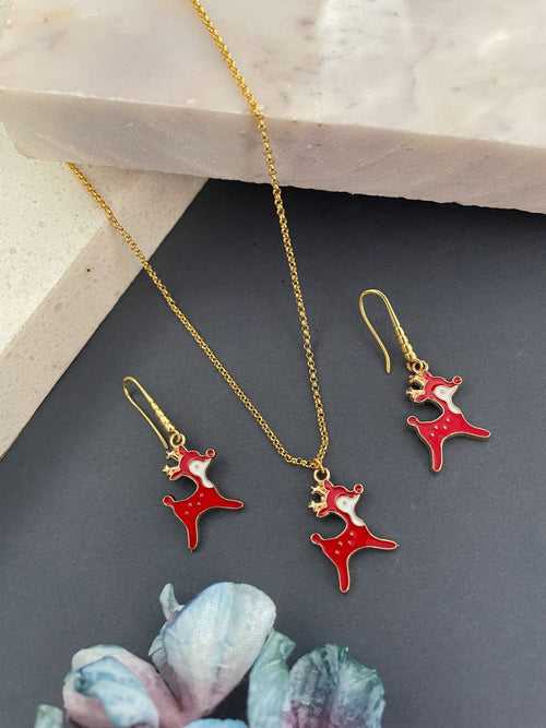Christmas Red Reindeer Charm Necklace & Earrings Set