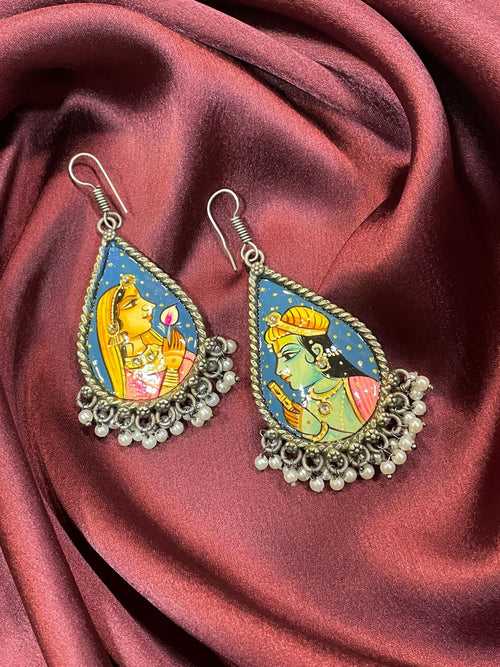 Hand-Painted Silver Plated Radha Krishna Earrings with Pearls