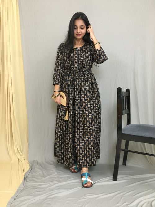 Ajrakh Black Cream Print - Maternity Kurti with Feeding Zips