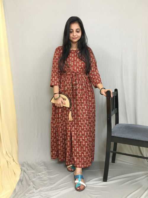 Ajrakh Maroon Print - Maternity Kurti with Feeding Zips