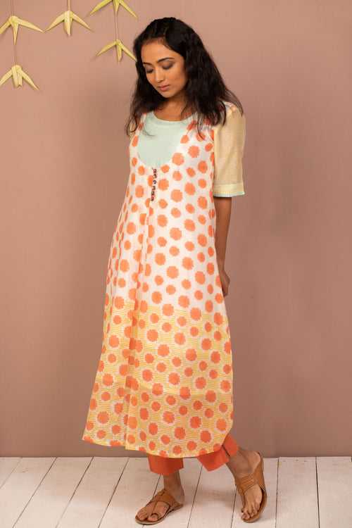 Orange Chanderi Silk Block Printed Kurta