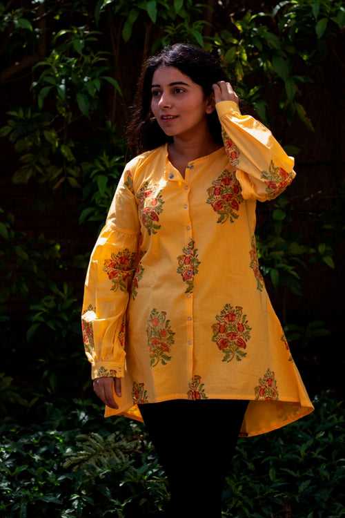 Yellow Block Printed Cambric Short Kurta