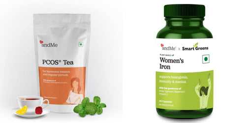 AndMe PCOS PCOD Spearmint Tea bags for Period pain-15N| AndMe-Smart Green Plant Based Iron Capsules 60N Combo