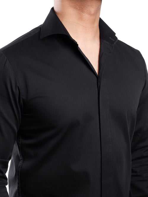 Black Cut-Away Collar Minimal Shirt (Premium Collection)
