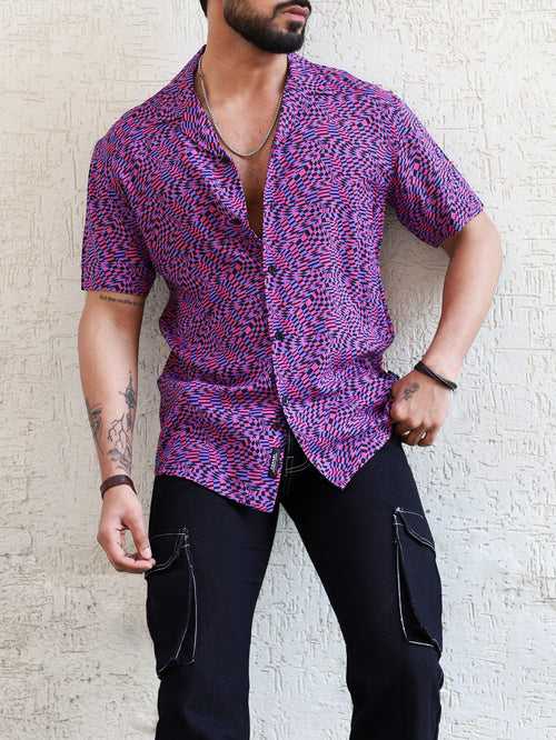 Purple Distorted Checks Cuban Shirt