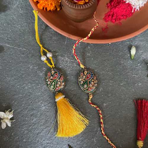 Tanjore Rakhi Lumba Set - Green & Yellow