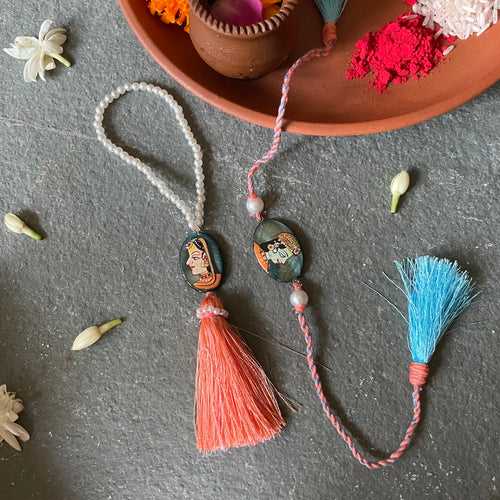 Handpainted Rakhi & Lumba Set - Peach & Grey