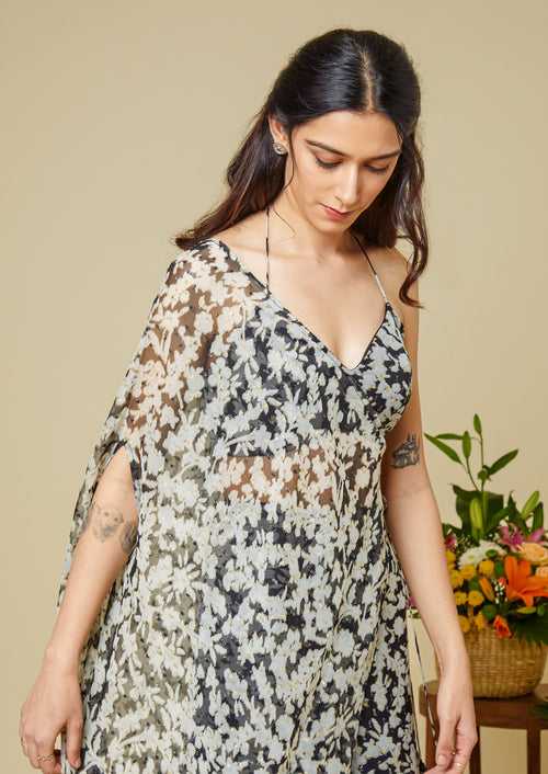 One shoulder cape in the Suhana print