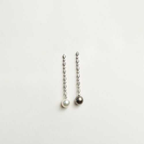 Mixed Diamond Long Earrings with Mismatched Monochrome Pearls
