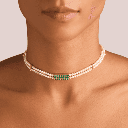 Taveez Choker Necklace with Akoya Pearls ft. Gemfields Zambian Emeralds