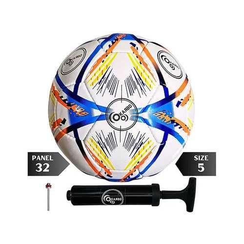 Football with Air Pump & Pin - Size 5, 32 Panel, PU Leather, White Orange Blue Graphic