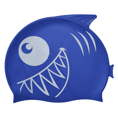 Fish Design Silicone Swimming Cap for Kids |  Open Jaw Dark Blue White