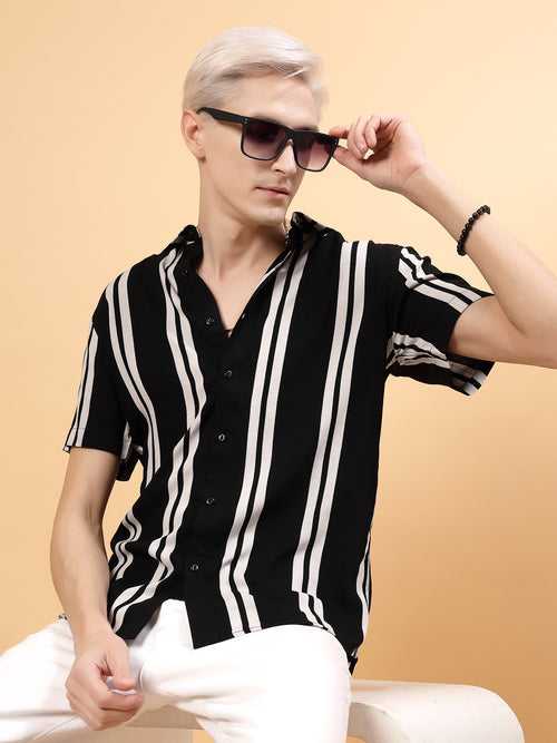 Classic Men's Slim Fit Rayon Black Stripes Shirt