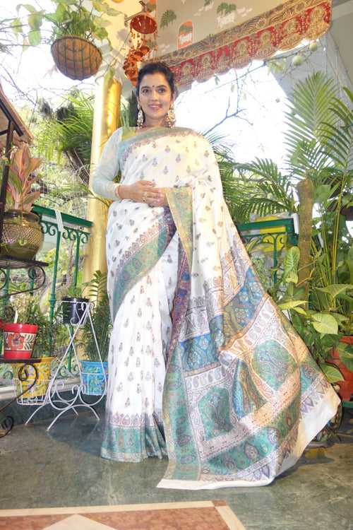 White and Sage Green Kani Saree