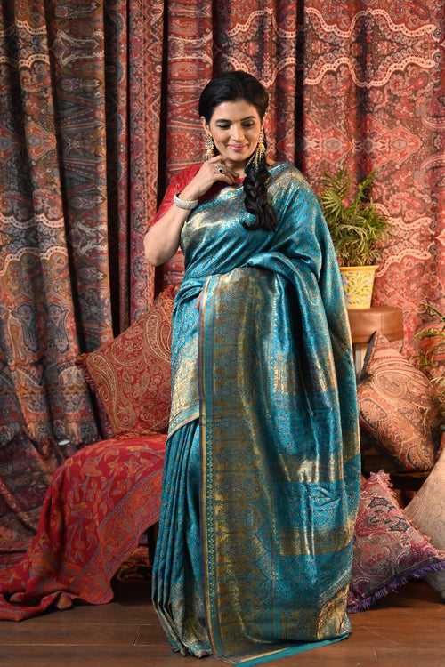 Teal Raw Silk Kani Saree