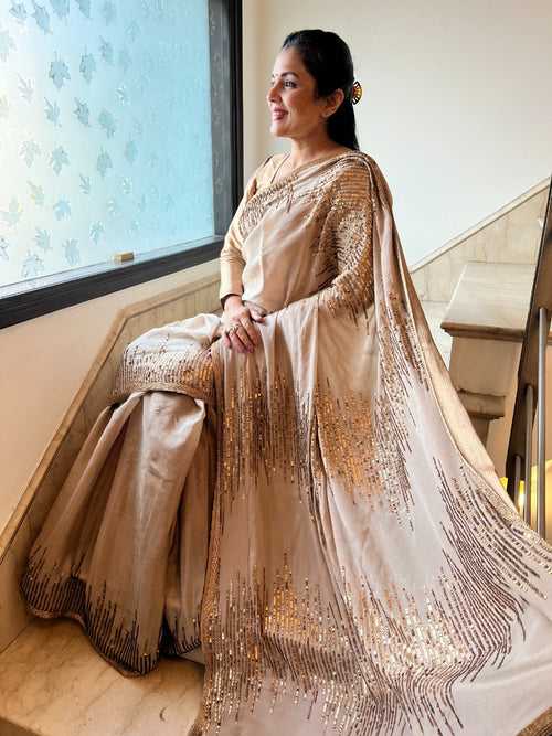 Pure French chiffon, hand embroidered saree with sequins and cut dana