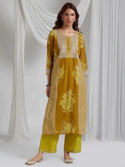 Oriental Timeless Mustard Cotton Kurta With Print And Handblock Print