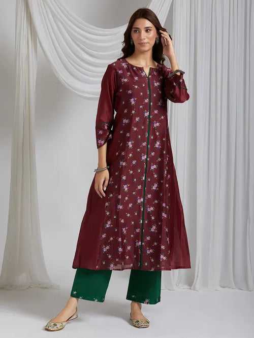 Scattered Terracota Handwoven Chanderi Silk Kurta With Printed Flowers