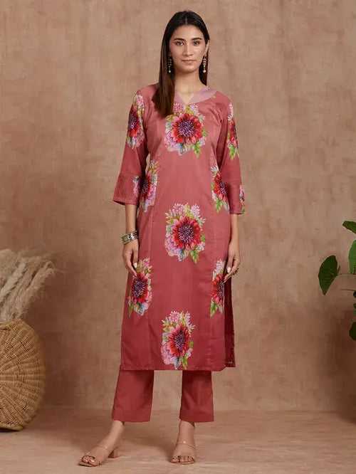 Brick Red And Rust Handwoven Chanderi Silk Kurta With Organza Detailing And Cotton Pants -set Of 2