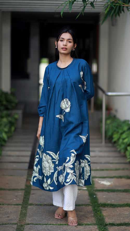 Regal Luxe Indigo Blue Round Neck Staple Silk One-piece With Pleats And Rose Print Kurta/ Dress