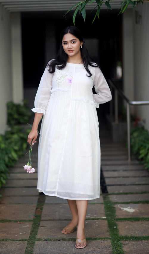 Angelic Essence White And Lilac Orchids Kota Cotton Kurta/ Dress