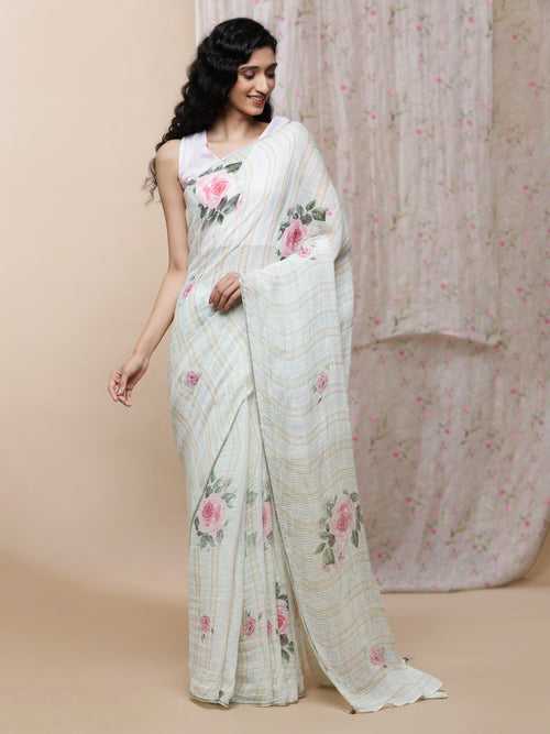 Adah Linen White With Stripes Saree