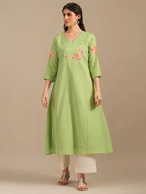 Moss Green Spring Dream Cotton Kurta With Cotton Pants-set Of 2