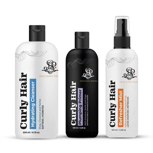 Curly Hair Plumping Primer, Hydrating Cleanser and Refresher Mist Set | Curly Hair Products | Hair care for curly hair | Magic hair care for curls | Created by Savio John Pereira (pack of 3)