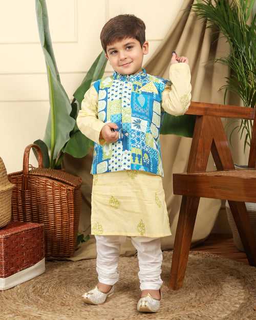 Panna Boys Ethnic Hand-Block Printed Kurta with Manara Bandi/Nehru Jacket and Churidaar Set