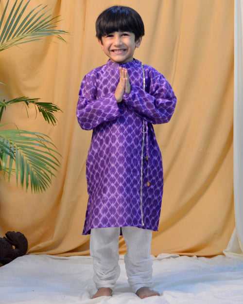 Jamini Cotton Silk Chanderi Block Printed Angrakha Kurta with Churidaar, Purple