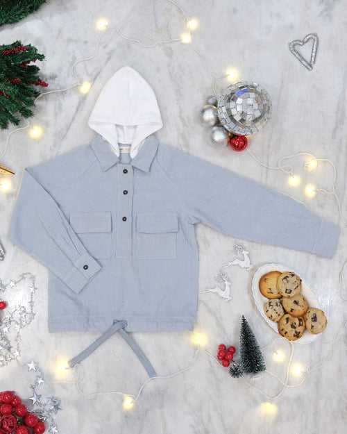 Snowfall Cotton Corduroy Unisex Winter Shirt with Detachable Hood, Grey