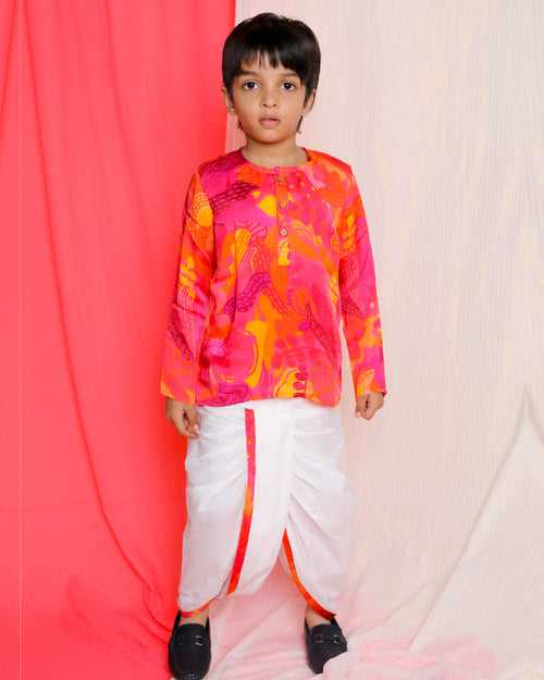 Palash Dhoti-Kurta Set, Pink & Yellow | Rescue