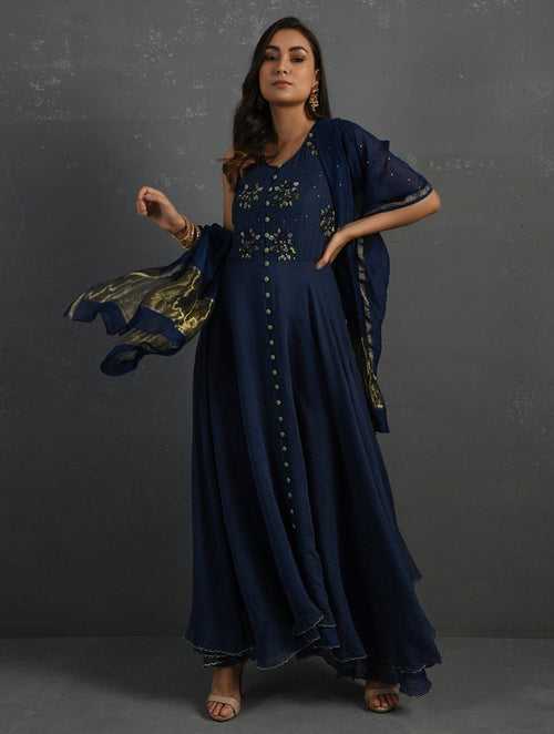 Indigo Hand Embroidered Sleeveless Kurta