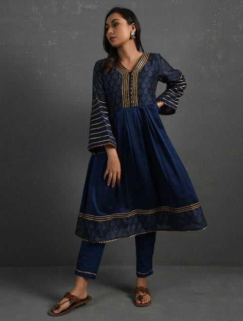 Indigo Block Printed Handwoven Chanderi Kurta With Pants (Set of 2)