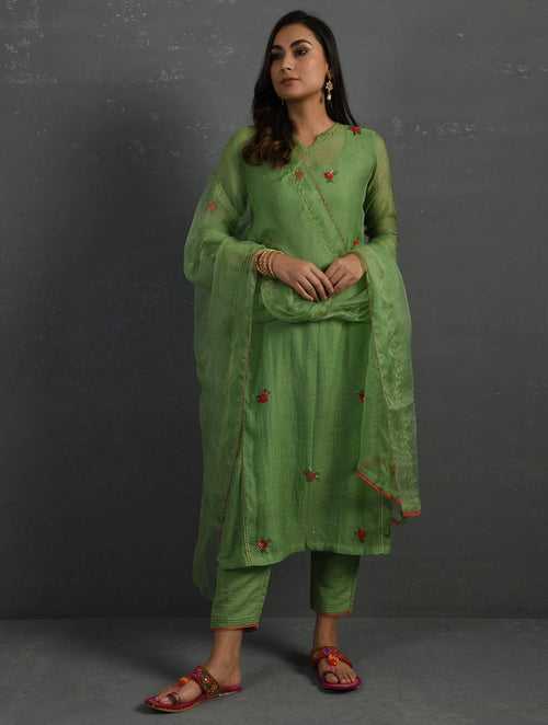 Green Hand embroidered Kurta Set (Set of 4)