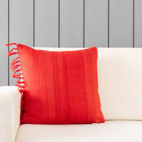 Handwoven Upcycled Red Horizontal Stripes Wool & Oak Silk Cushion Cover - 18x18