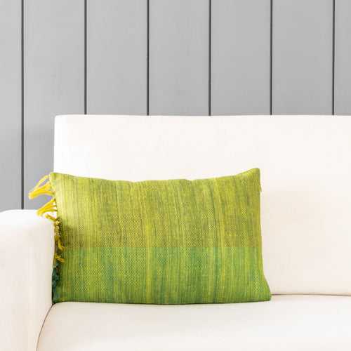 Handwoven Upcycled Lime Green Wool & Oak Silk Cushion Cover - 12x18