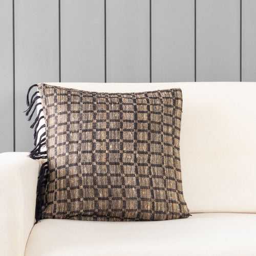 Handwoven Upcycled Black Beige Checks Wool & Oak Silk Cushion Cover - 18x18