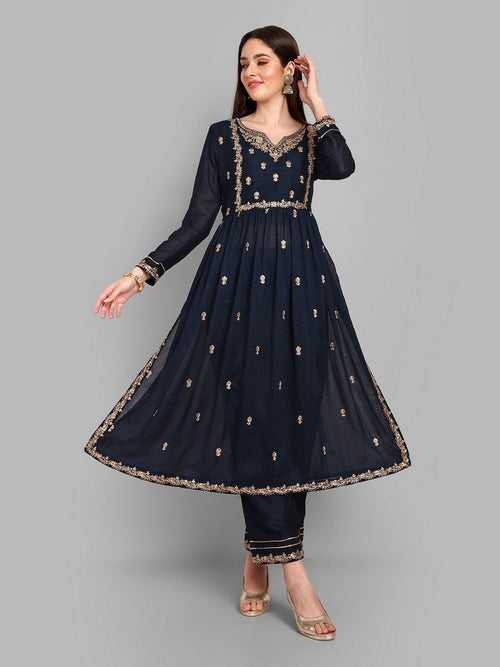 Lovely Navy Blue Color Vichitra Fabric Designer Kurti With Bottom