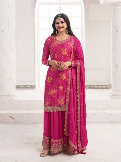 Tasteful Pink Color Chinon Fabric Sharara Suit